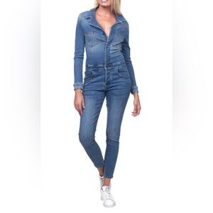 Etienne Marcel Faded Wash Notch Lapel Long Sleeve Denim Jumpsuit Size Medium